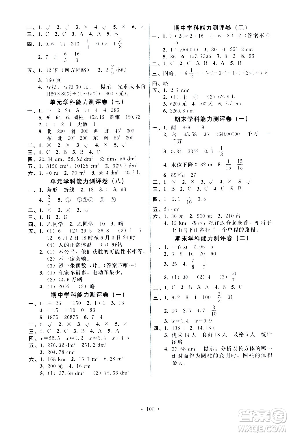 人民教育出版社2021能力培養(yǎng)與測試數(shù)學(xué)六年級(jí)下冊(cè)人教版答案