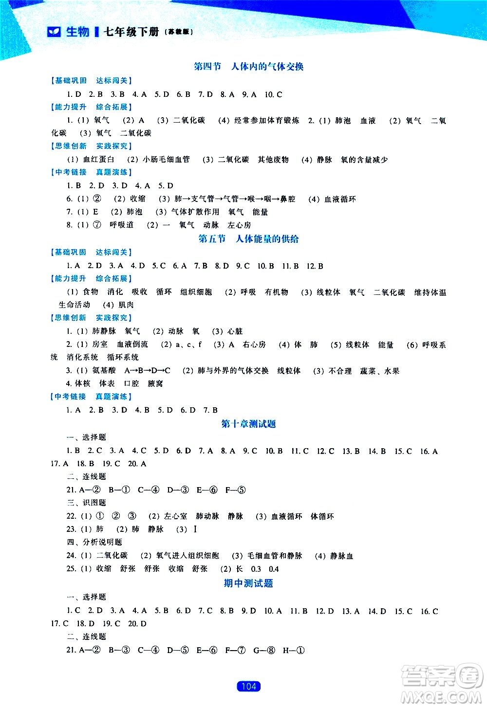 遼海出版社2021新課程生物能力培養(yǎng)七年級(jí)下冊(cè)蘇教版答案