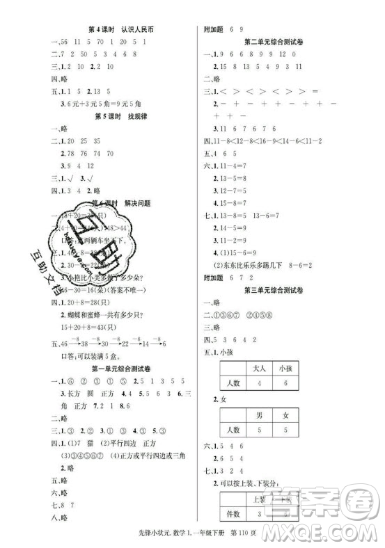 新世紀(jì)出版社2021先鋒小狀元數(shù)學(xué)一年級(jí)下冊(cè)R人教版答案