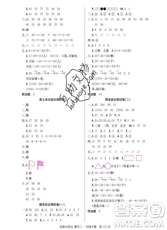 新世紀(jì)出版社2021先鋒小狀元數(shù)學(xué)一年級(jí)下冊(cè)R人教版答案