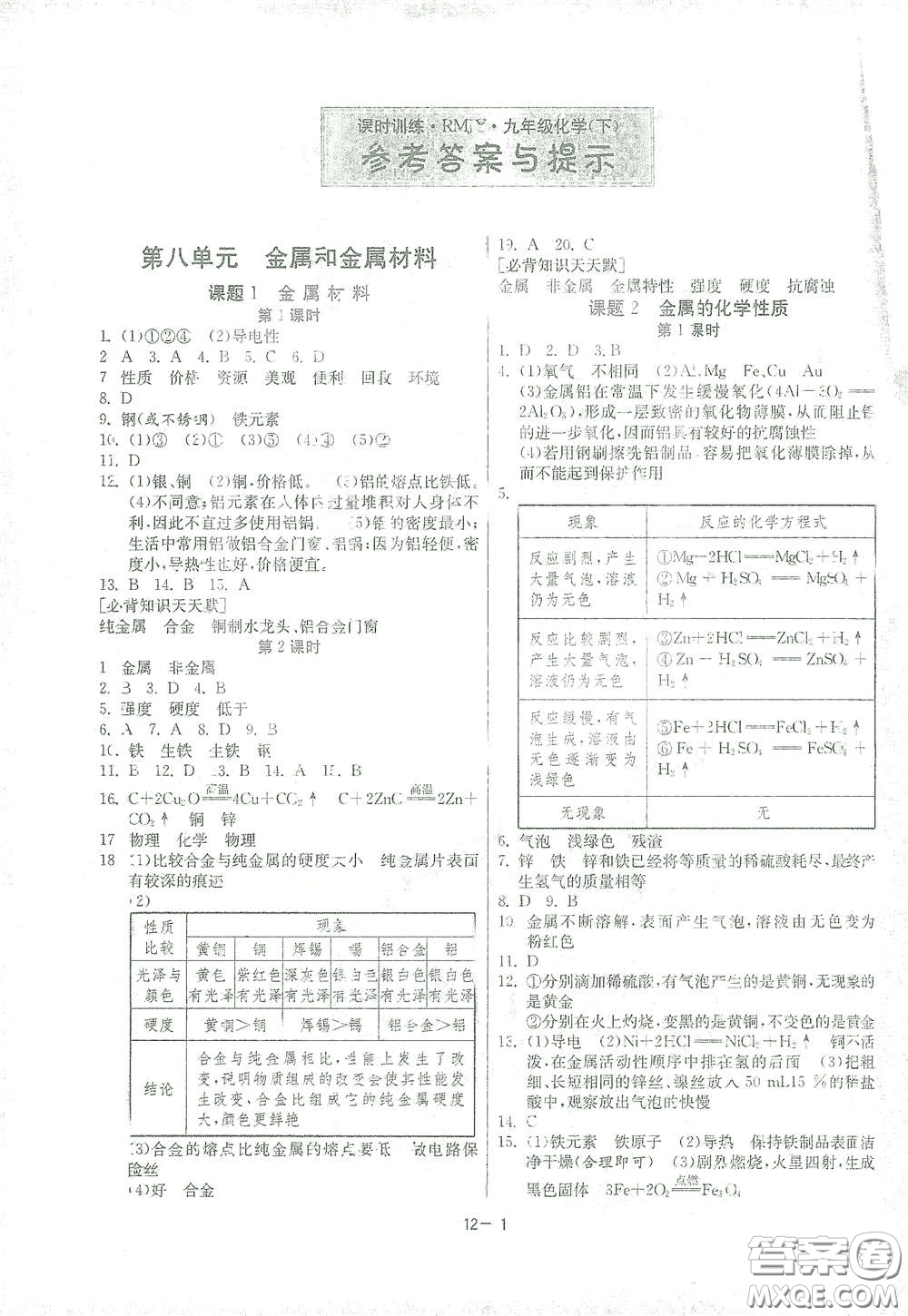 江蘇人民出版社2021春雨教育課時(shí)訓(xùn)練九年級化學(xué)下冊人民教育版答案