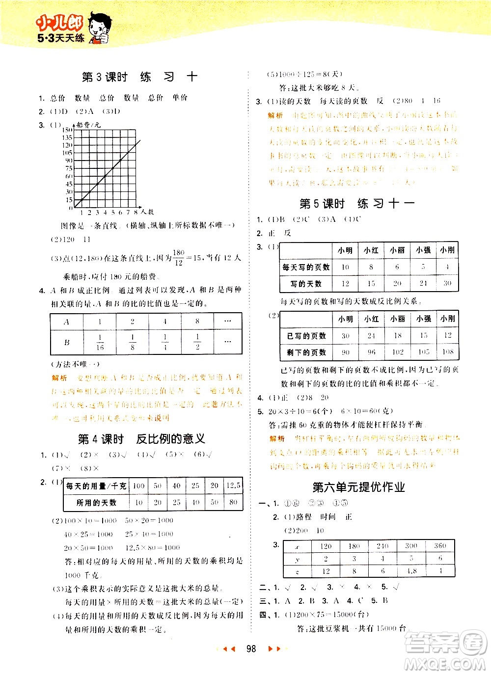 教育科學(xué)出版社2021春季53天天練小學(xué)數(shù)學(xué)六年級(jí)下冊(cè)SJ蘇教版答案