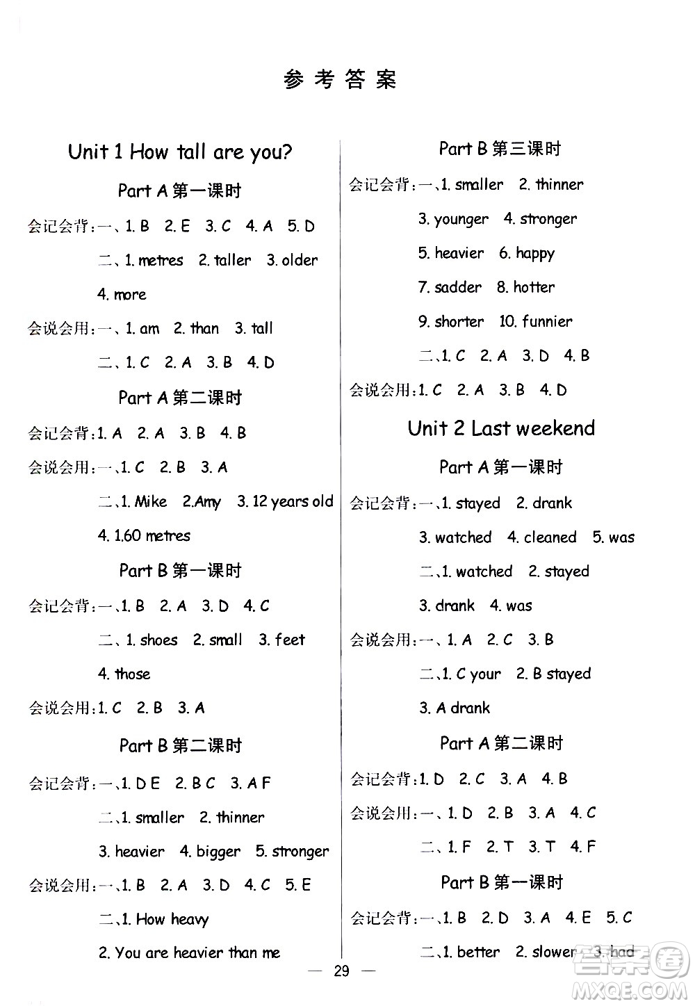 河北教育出版社2021七彩課堂預(yù)習(xí)卡英語(yǔ)六年級(jí)下冊(cè)人教PEP版答案