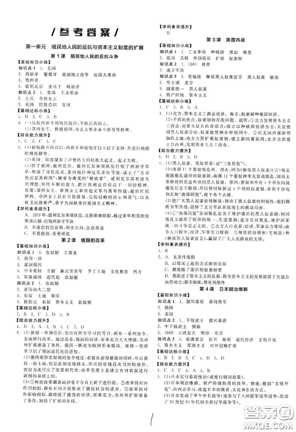 延邊教育出版社2021春全品作業(yè)本九年級(jí)世界歷史下冊(cè)新課標(biāo)人教版答案