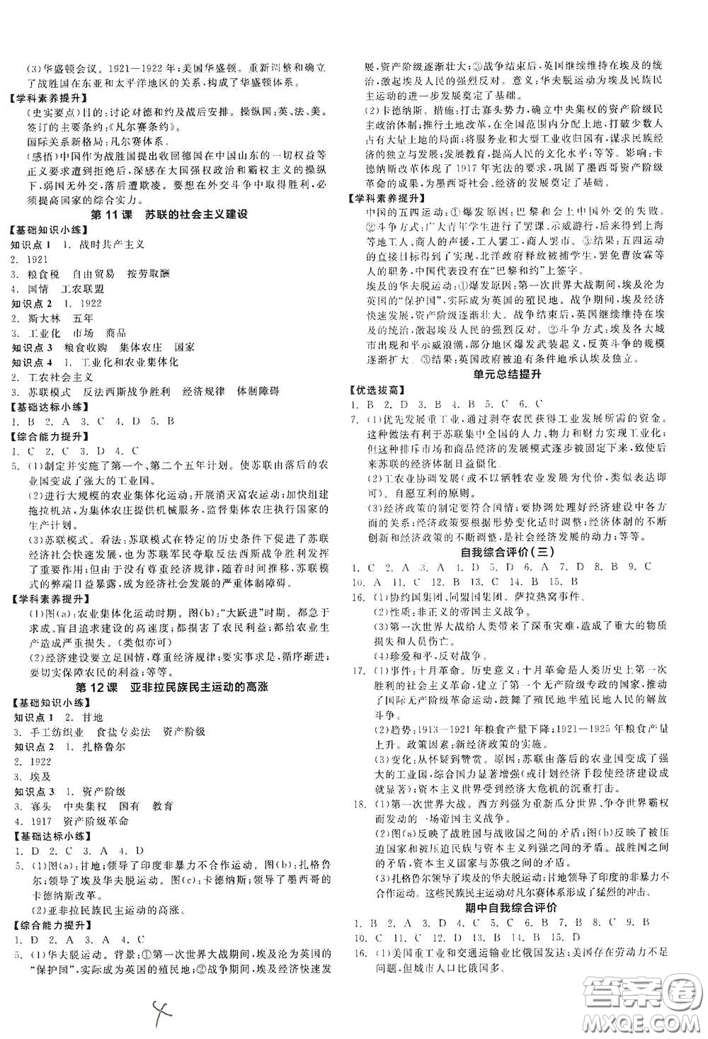 延邊教育出版社2021春全品作業(yè)本九年級(jí)世界歷史下冊(cè)新課標(biāo)人教版答案