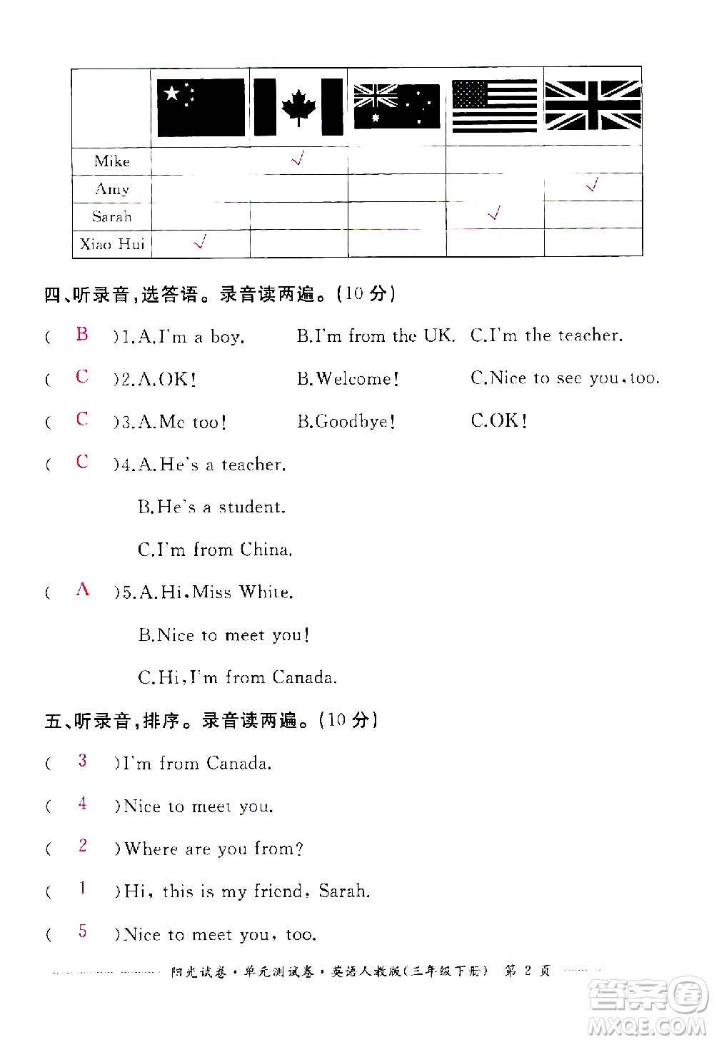 江西高校出版社2021陽光試卷單元測試卷英語三年級下冊人教版答案