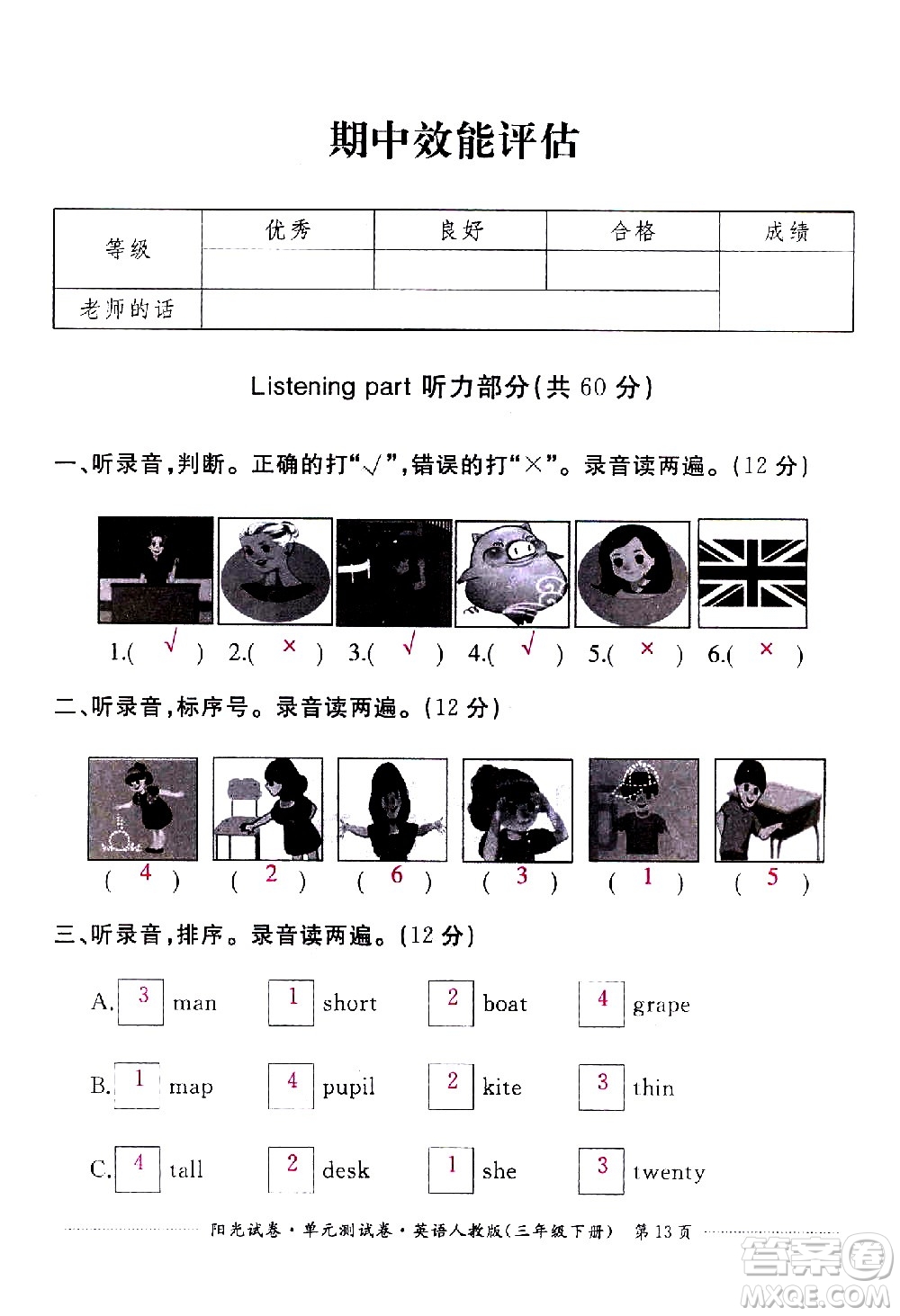 江西高校出版社2021陽光試卷單元測試卷英語三年級下冊人教版答案