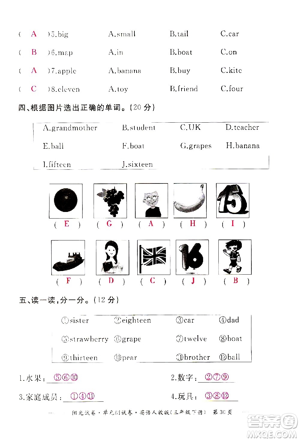 江西高校出版社2021陽光試卷單元測試卷英語三年級下冊人教版答案