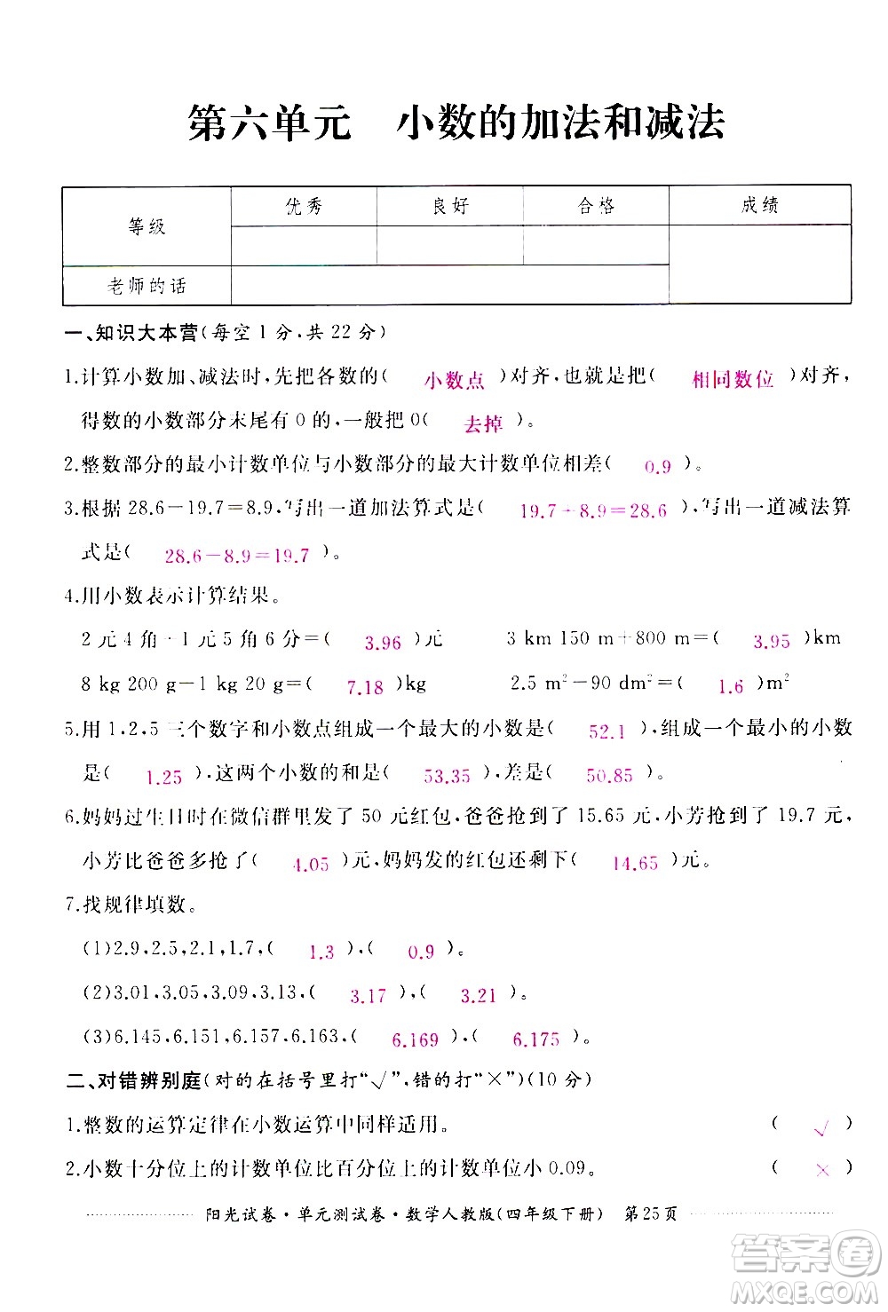 江西高校出版社2021陽光試卷單元測試卷數(shù)學(xué)四年級下冊人教版答案