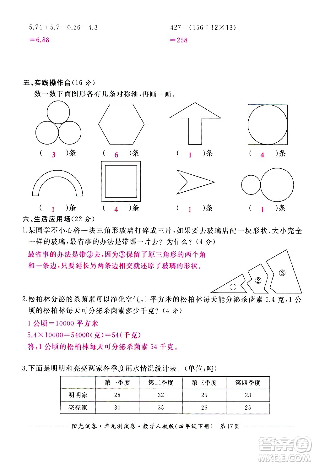 江西高校出版社2021陽光試卷單元測試卷數(shù)學(xué)四年級下冊人教版答案