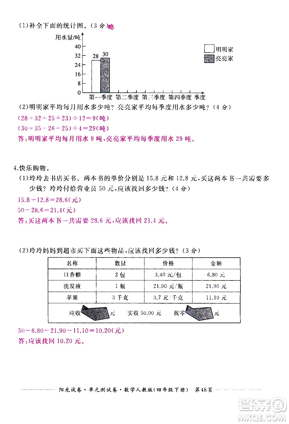 江西高校出版社2021陽光試卷單元測試卷數(shù)學(xué)四年級下冊人教版答案