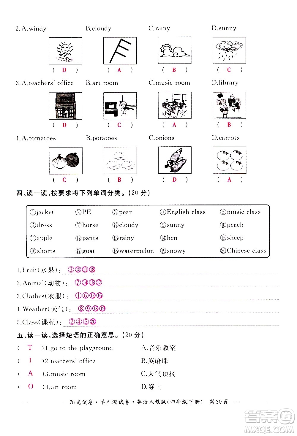 江西高校出版社2021陽光試卷單元測試卷英語四年級下冊人教版答案