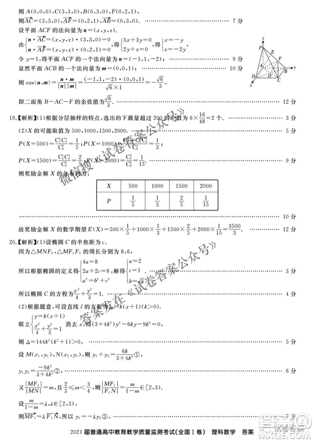 百校聯(lián)盟2021屆普通高中教育教學(xué)質(zhì)量監(jiān)測(cè)4月考試全國(guó)I卷理科數(shù)學(xué)試題及答案