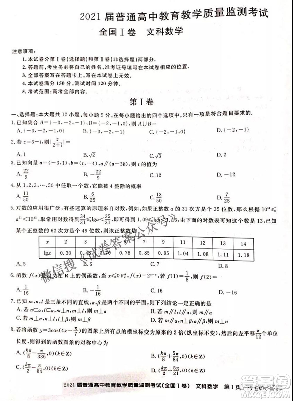 百校聯(lián)盟2021屆普通高中教育教學(xué)質(zhì)量監(jiān)測4月考試全國I卷文科數(shù)學(xué)試題及答案