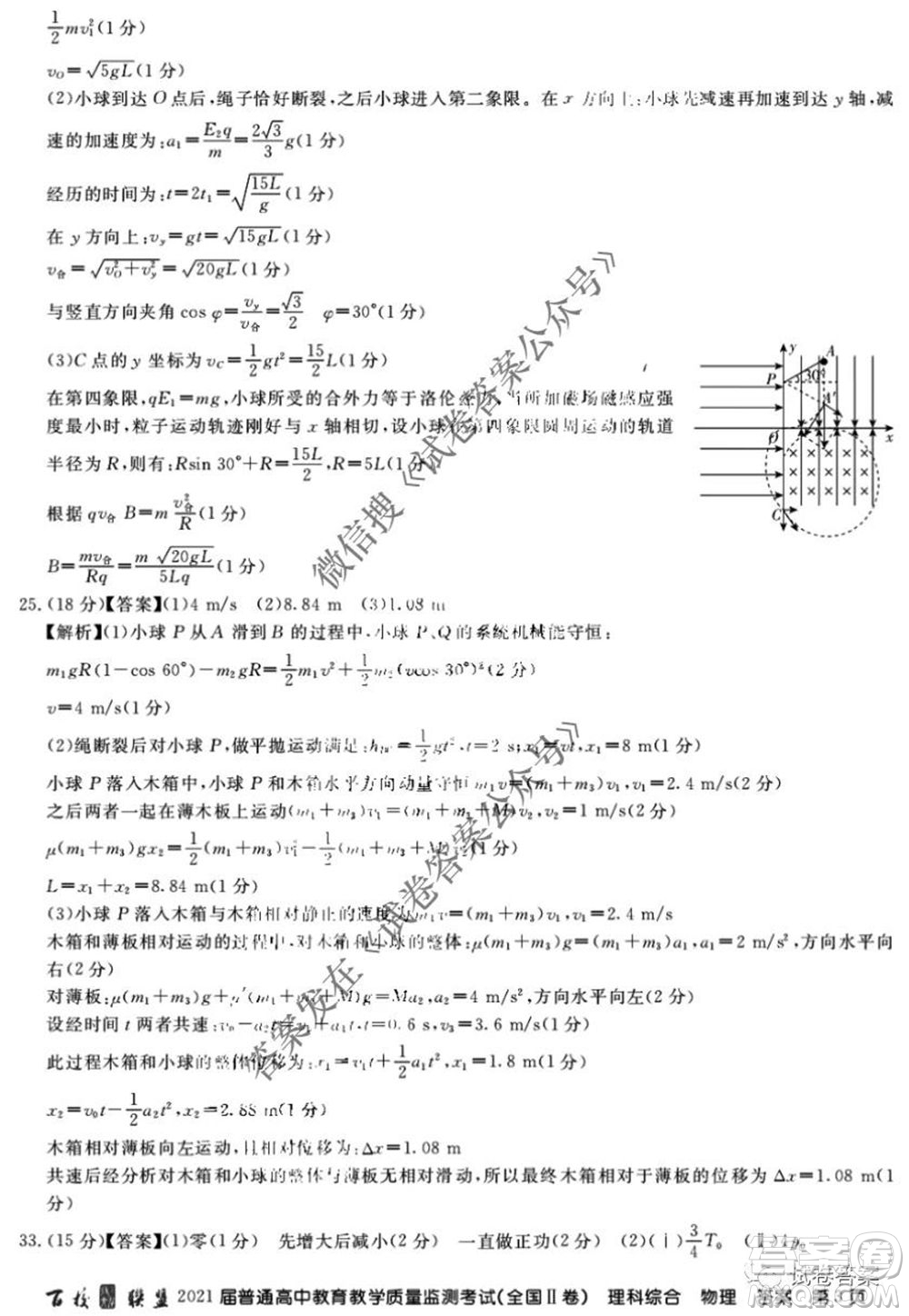 百校聯(lián)盟2021屆普通高中教育教學質(zhì)量監(jiān)測4月考試全國II卷理科綜合物理答案