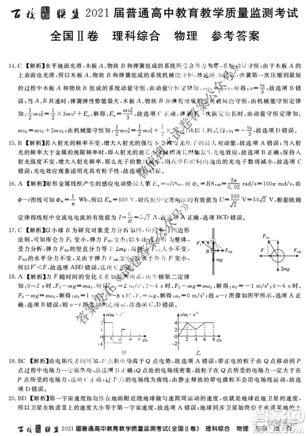 百校聯(lián)盟2021屆普通高中教育教學質(zhì)量監(jiān)測4月考試全國II卷理科綜合物理答案