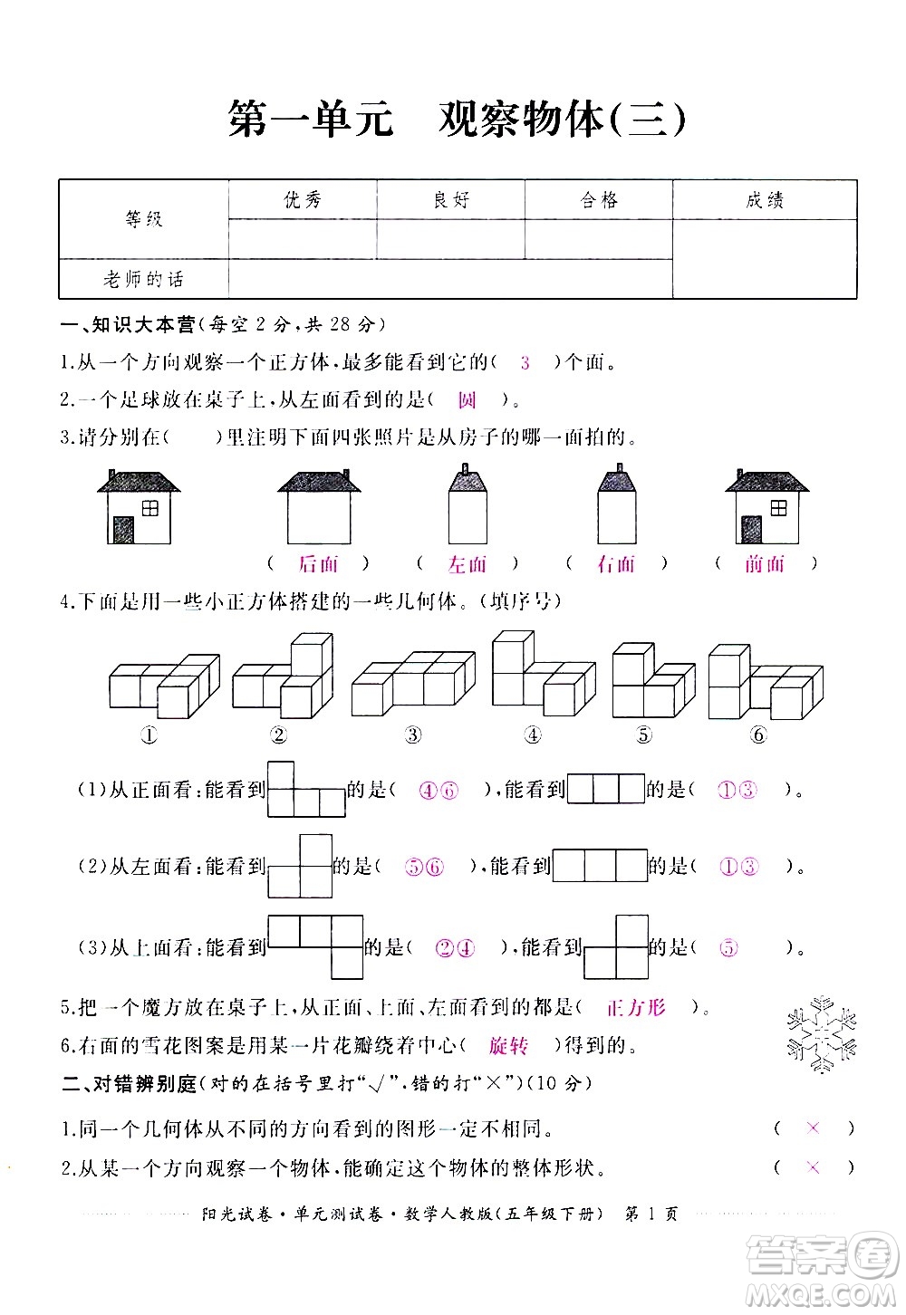 江西高校出版社2021陽光試卷單元測試卷數(shù)學(xué)五年級下冊人教版答案