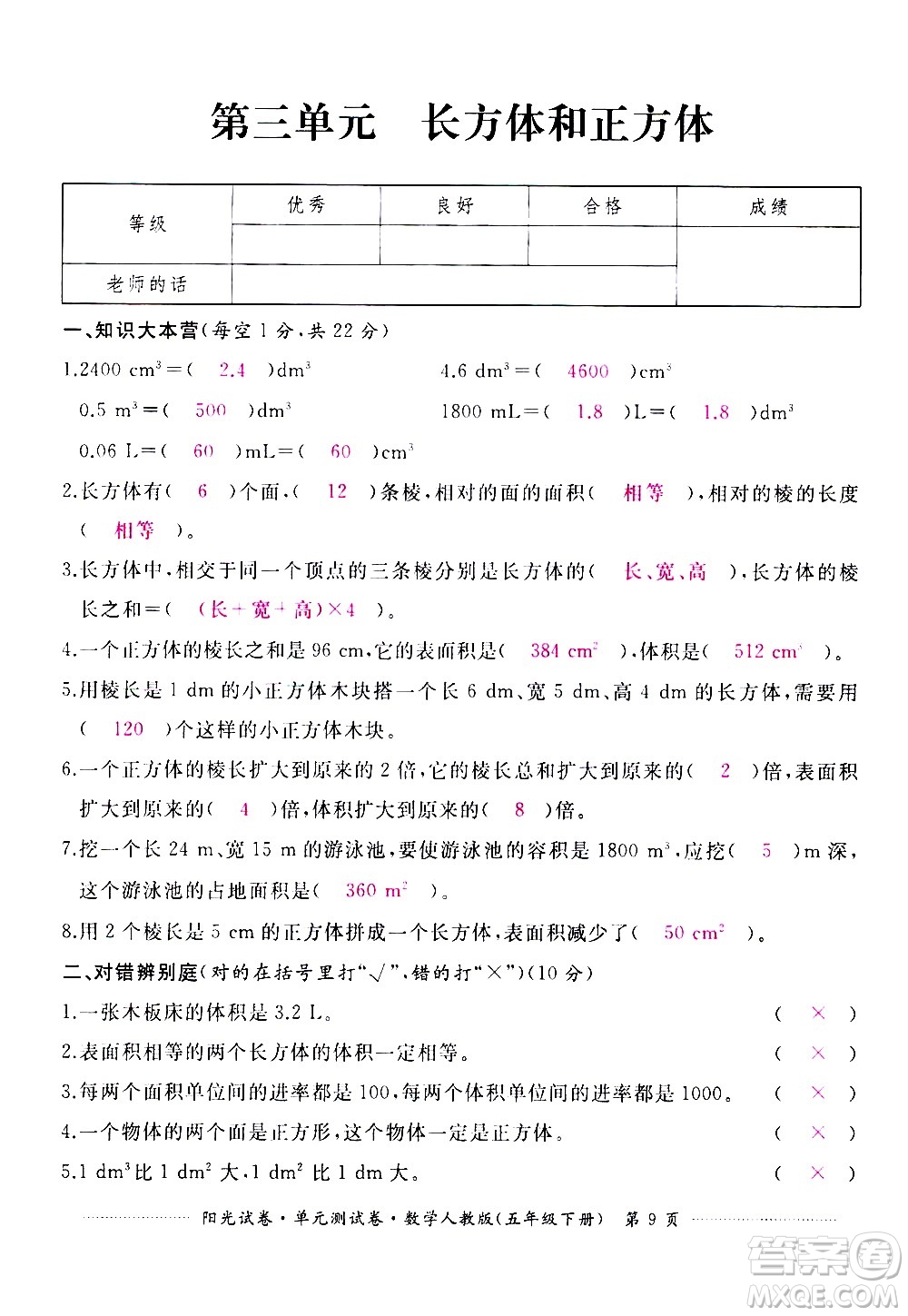 江西高校出版社2021陽光試卷單元測試卷數(shù)學(xué)五年級下冊人教版答案