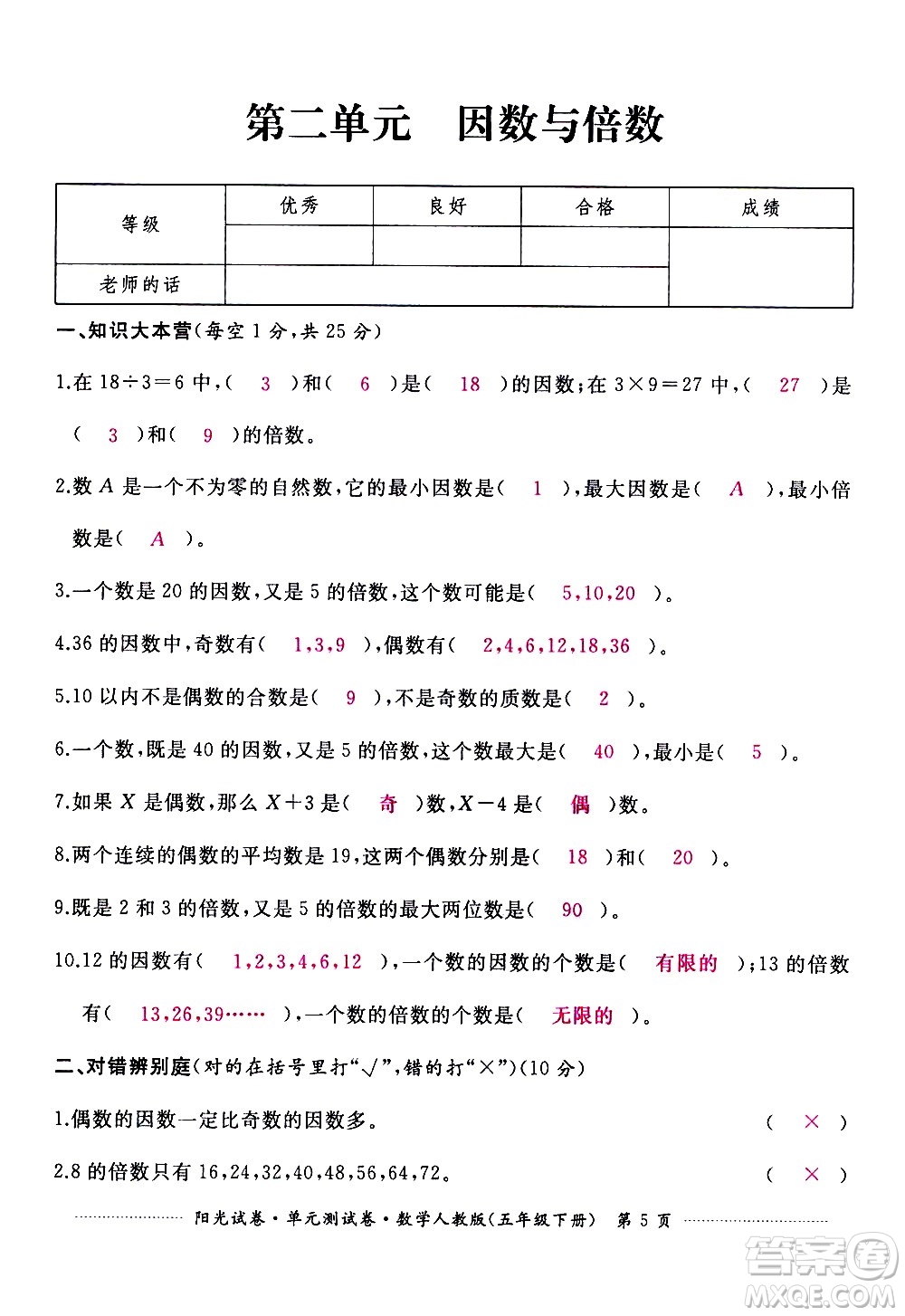 江西高校出版社2021陽光試卷單元測試卷數(shù)學(xué)五年級下冊人教版答案