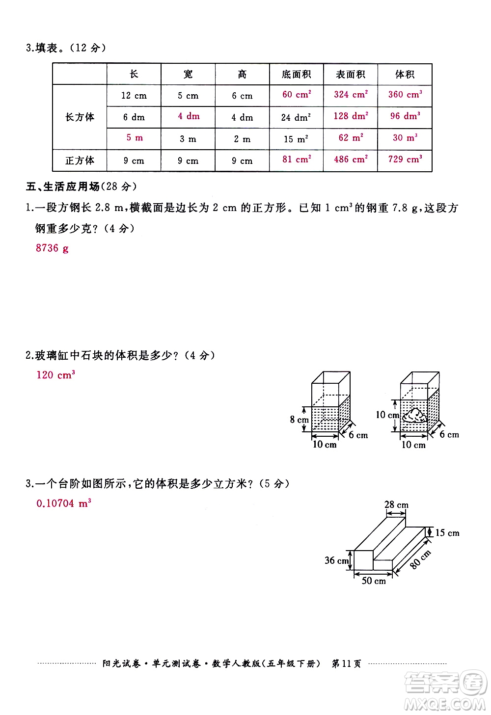 江西高校出版社2021陽光試卷單元測試卷數(shù)學(xué)五年級下冊人教版答案