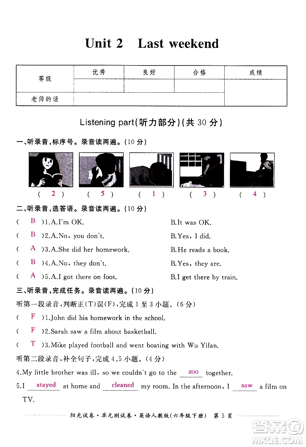 江西高校出版社2021陽光試卷單元測試卷英語六年級下冊人教版答案