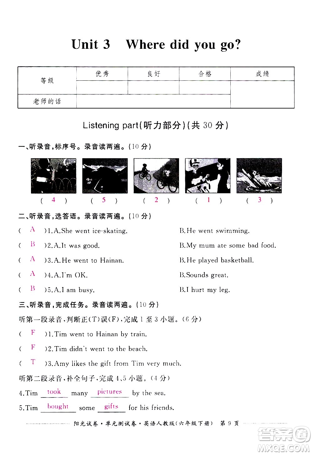 江西高校出版社2021陽光試卷單元測試卷英語六年級下冊人教版答案