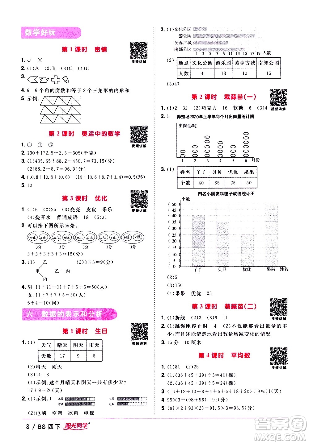 江西教育出版社2021陽光同學課時優(yōu)化作業(yè)數(shù)學四年級下冊BS北師大版答案