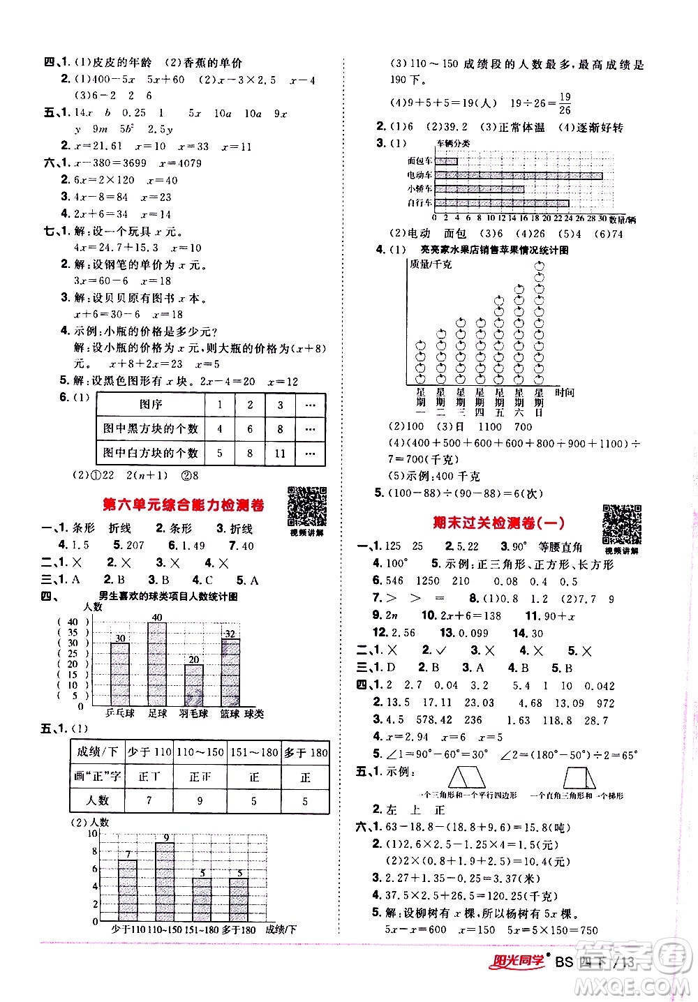 江西教育出版社2021陽光同學課時優(yōu)化作業(yè)數(shù)學四年級下冊BS北師大版答案