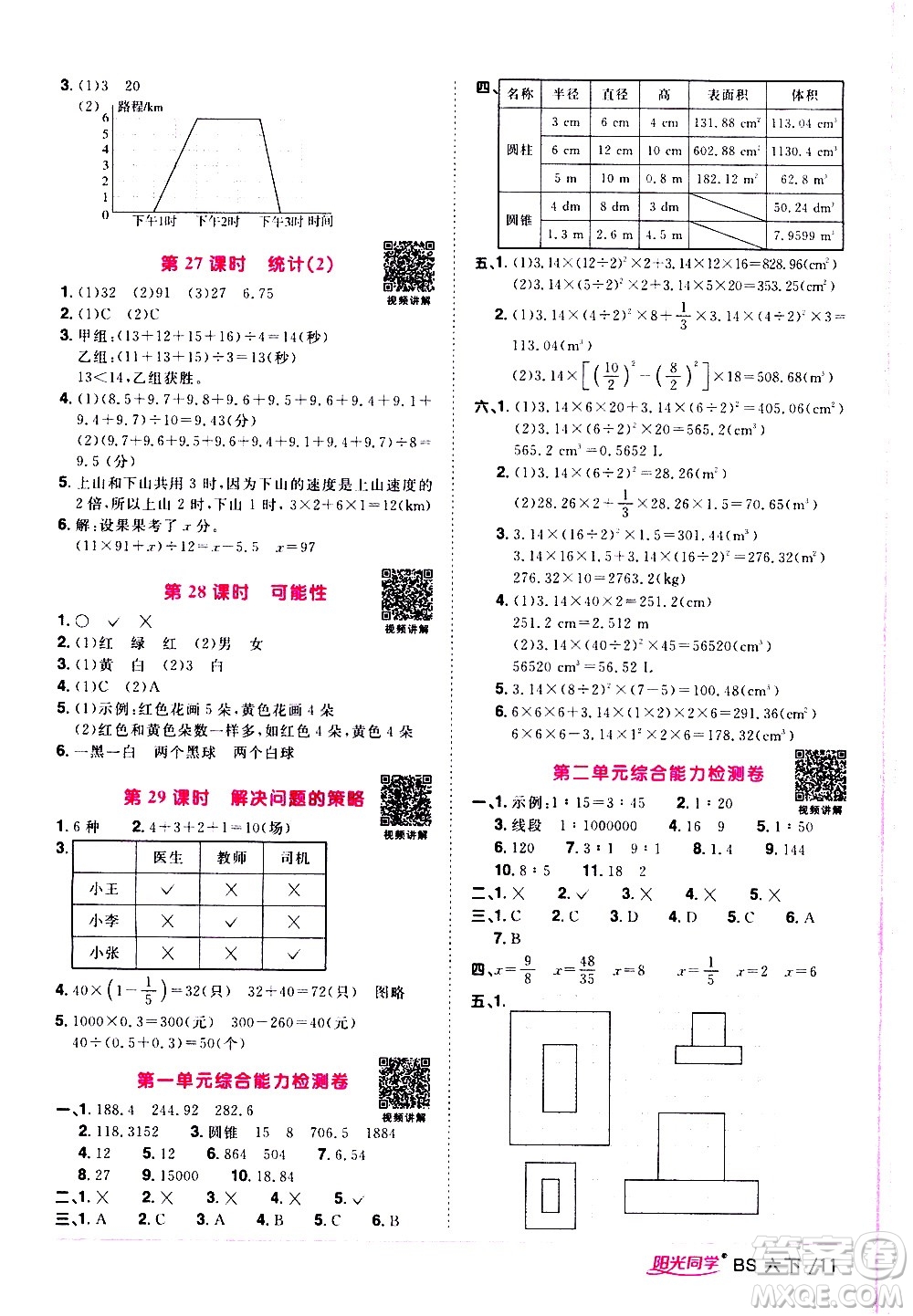 江西教育出版社2021陽光同學(xué)課時(shí)優(yōu)化作業(yè)數(shù)學(xué)六年級下冊BS北師大版答案