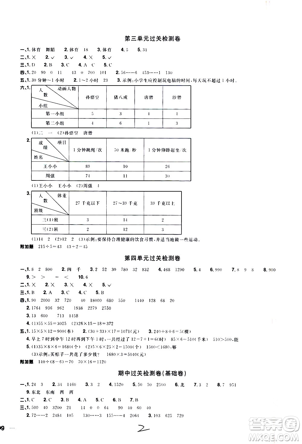 浙江教育出版社2021陽光同學全優(yōu)達標好卷數(shù)學三年級下冊R人教版浙江專版答案