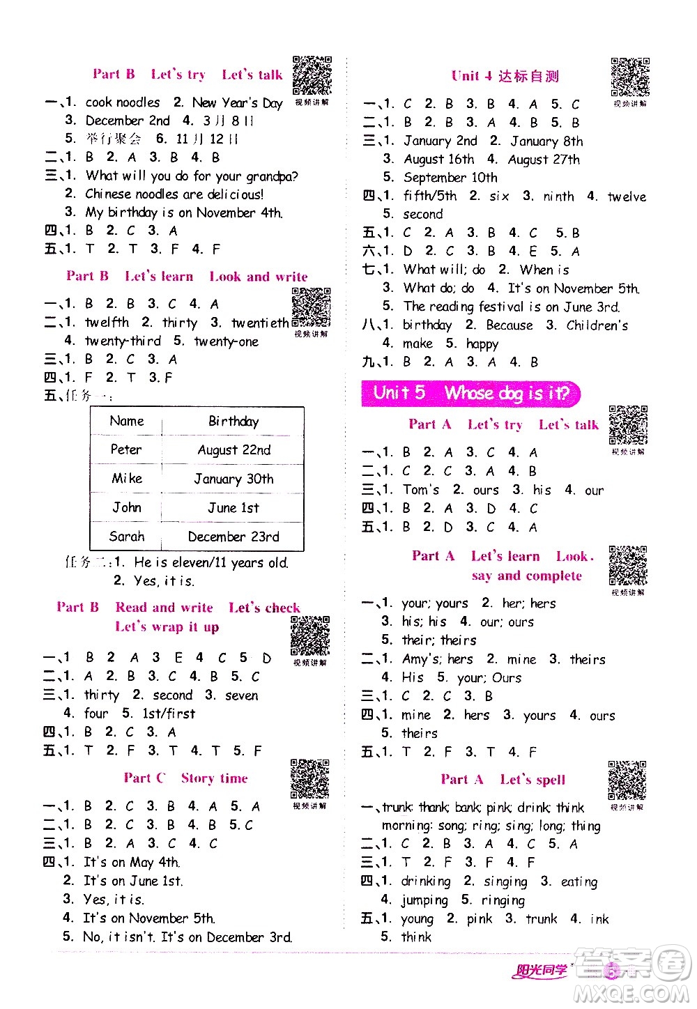 浙江教育出版社2021陽光同學(xué)課時達(dá)標(biāo)訓(xùn)練英語五年級下冊PEP人教版浙江專版答案