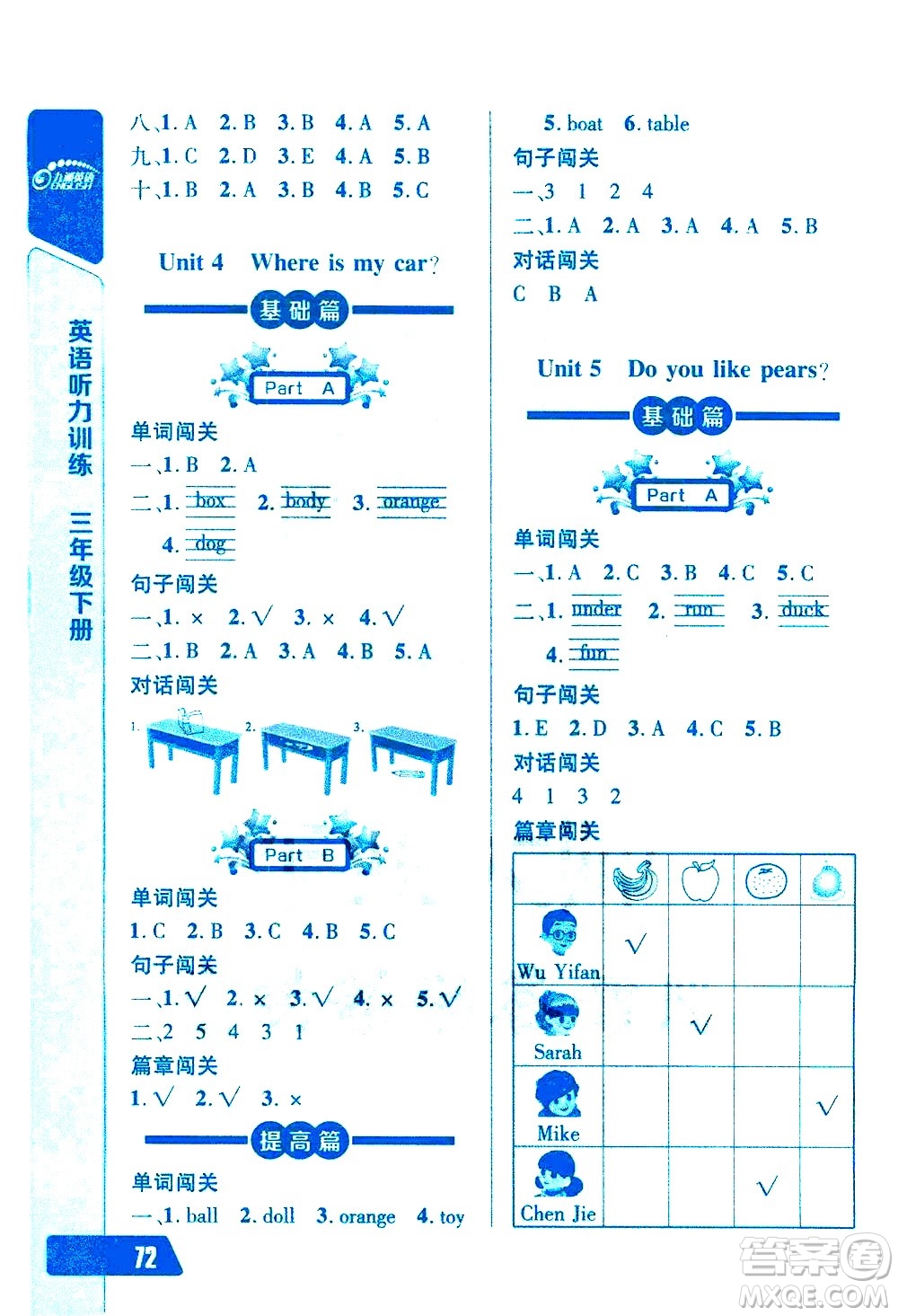 崇文書局2021長江全能學(xué)案英語聽力訓(xùn)練三年級下冊人教版答案