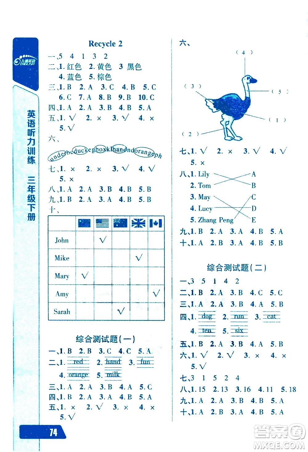 崇文書局2021長江全能學(xué)案英語聽力訓(xùn)練三年級下冊人教版答案