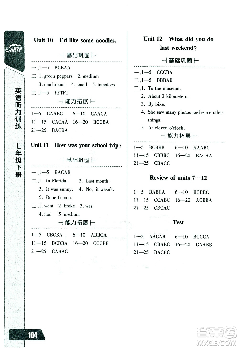 崇文書局2021長江全能學案英語聽力訓練七年級下冊人教版答案