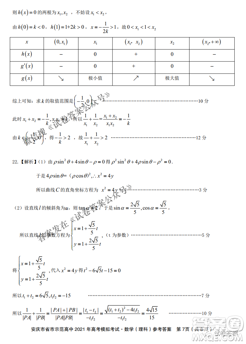 安慶市省市師范高中2021年高考模擬考試?yán)砜茢?shù)學(xué)試題及答案