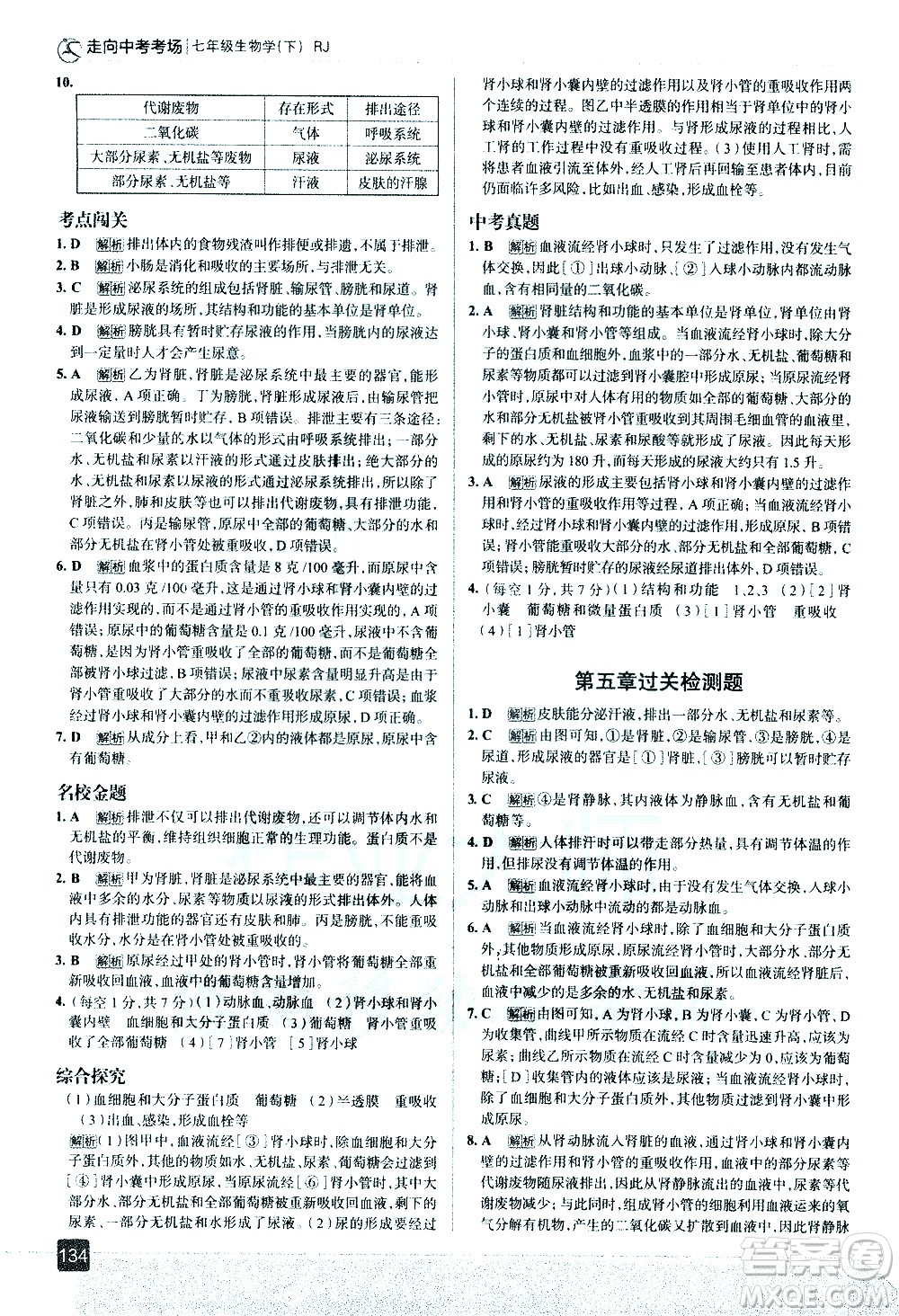 現(xiàn)代教育出版社2021走向中考考場生物學(xué)七年級下冊RJ人教版答案