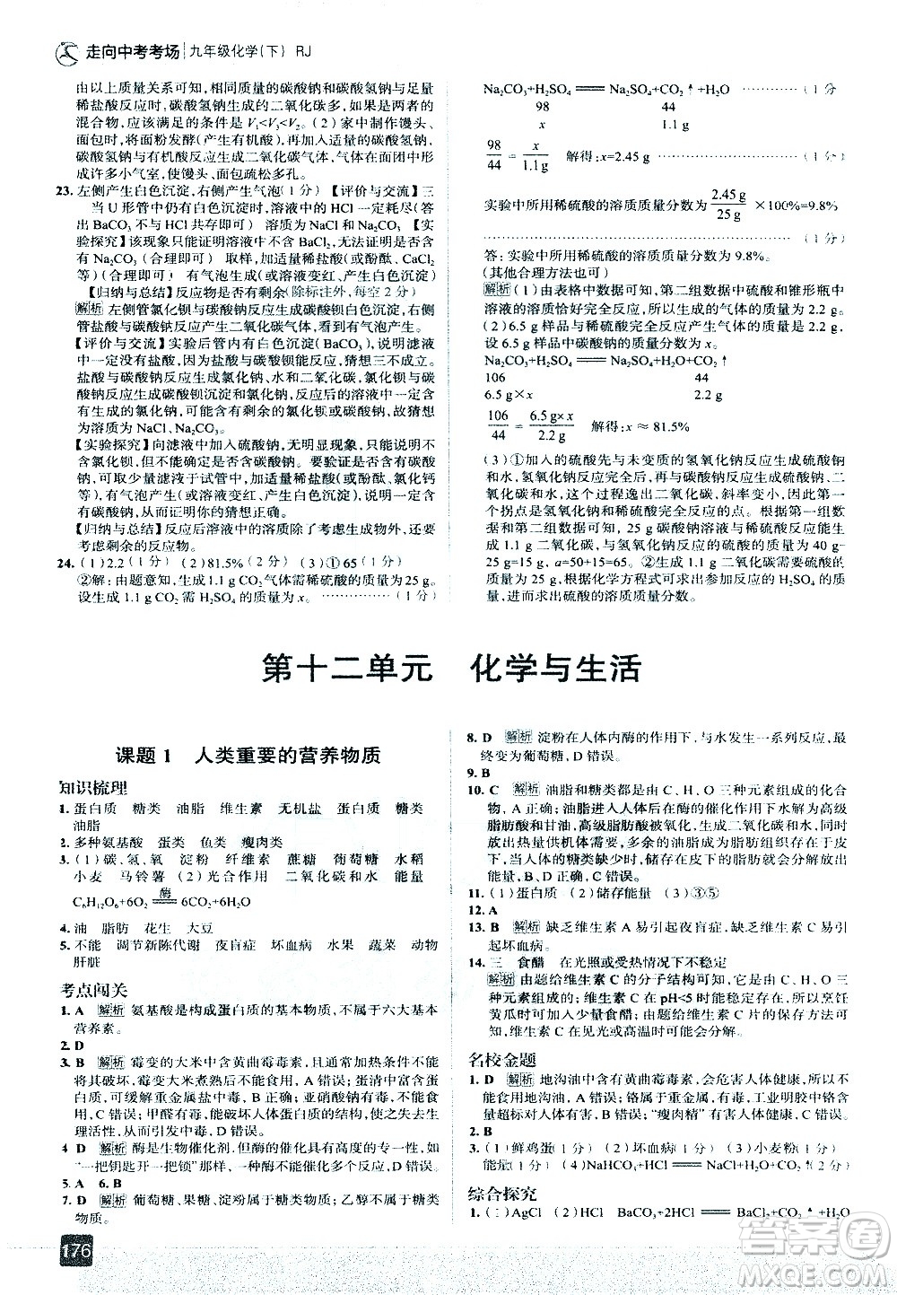 現(xiàn)代教育出版社2021走向中考考場化學九年級下冊RJ人教版答案