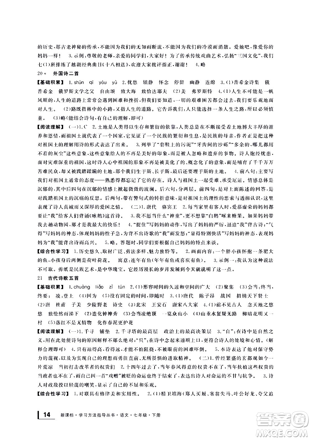 寧波出版社2021學(xué)習(xí)方法指導(dǎo)叢書語文七年級(jí)下冊人教版答案