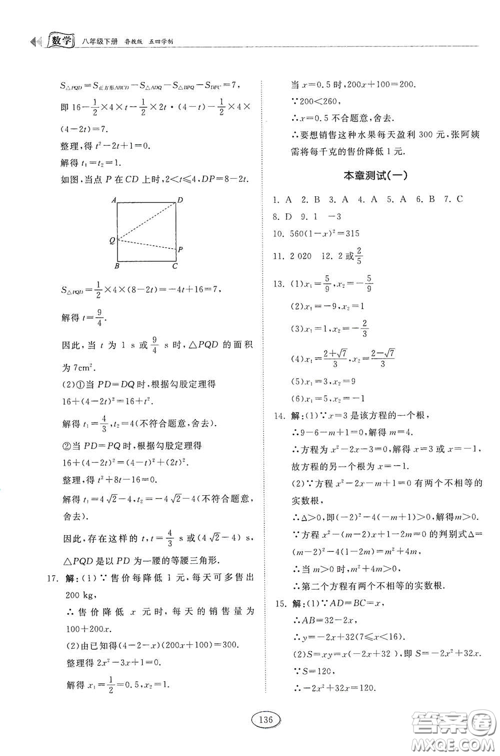 山東科學技術(shù)出版社2021初中同步練習冊八年級數(shù)學下冊魯教版五四學制答案