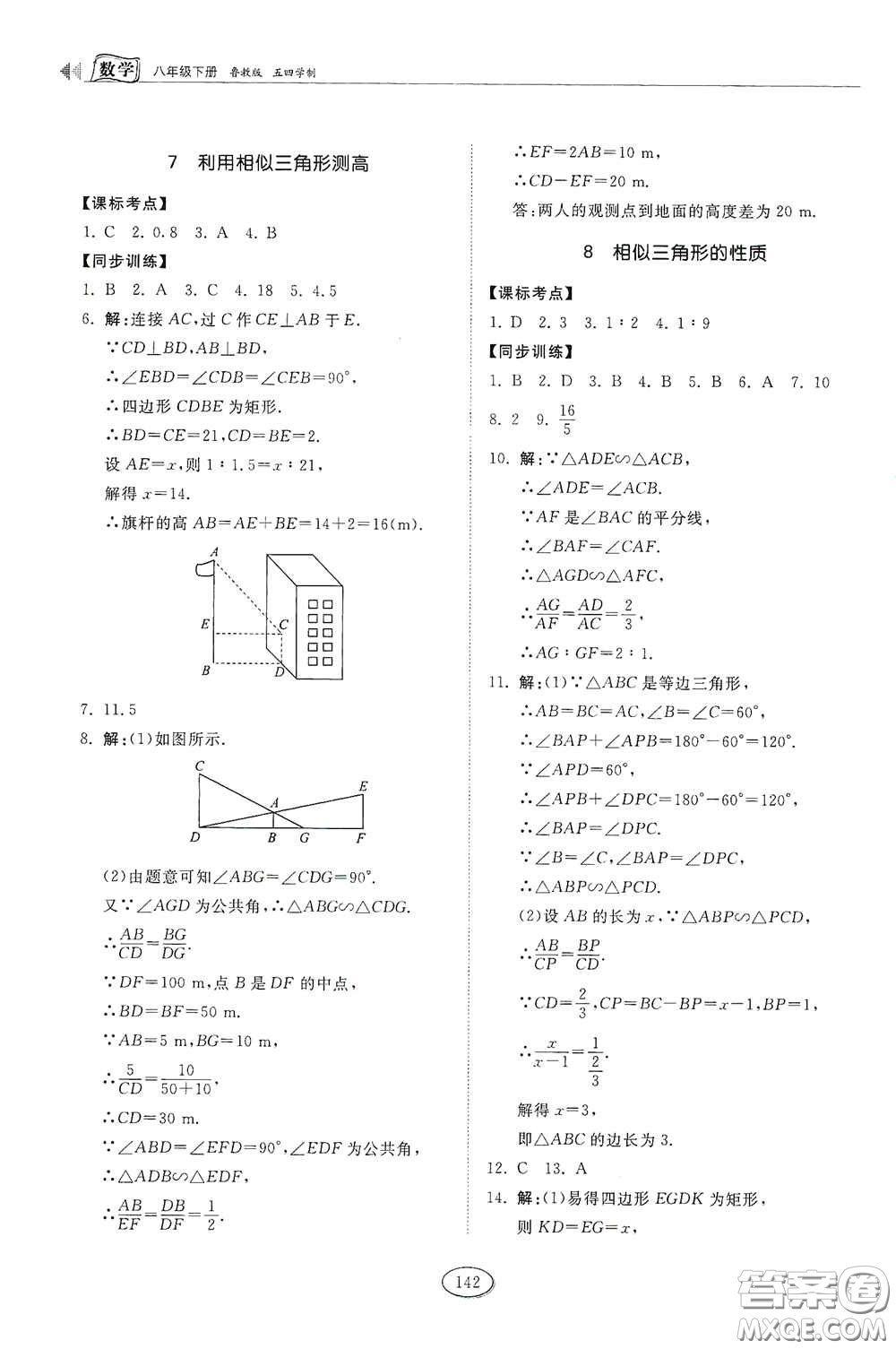 山東科學技術(shù)出版社2021初中同步練習冊八年級數(shù)學下冊魯教版五四學制答案