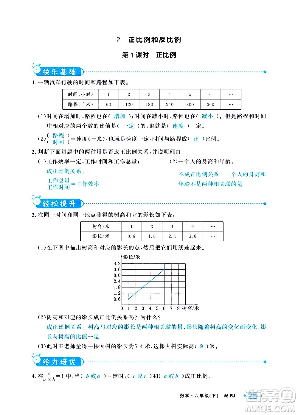 新疆青少年出版社2021小學(xué)一課一練課時達標數(shù)學(xué)六年級下冊RJ人教版答案