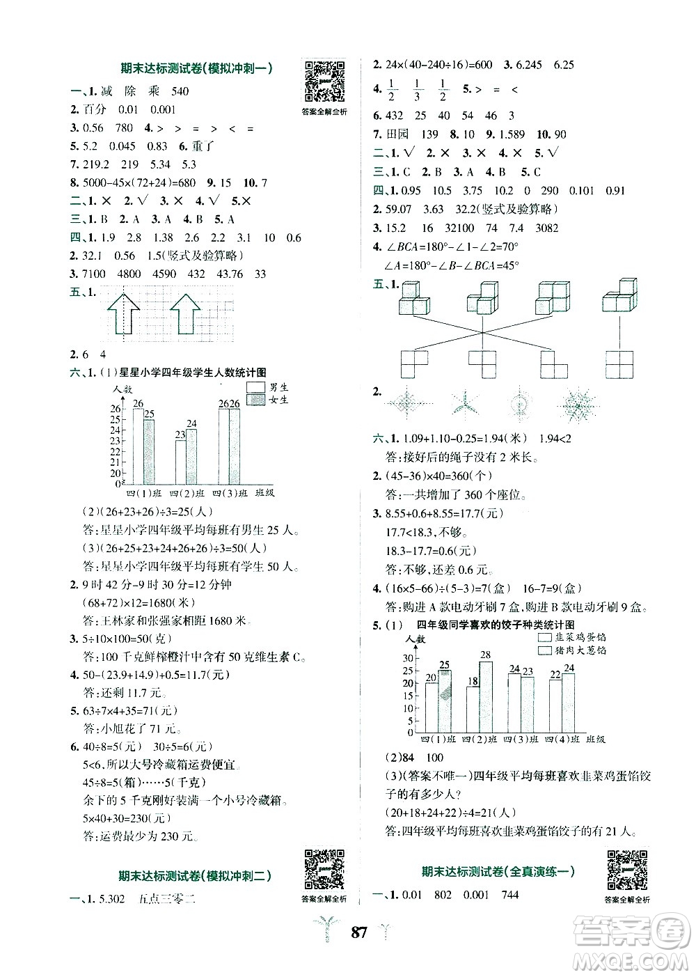 陜西師范大學(xué)出版總社有限公司2021小學(xué)學(xué)霸沖A卷數(shù)學(xué)四年級下冊RJ人教版答案