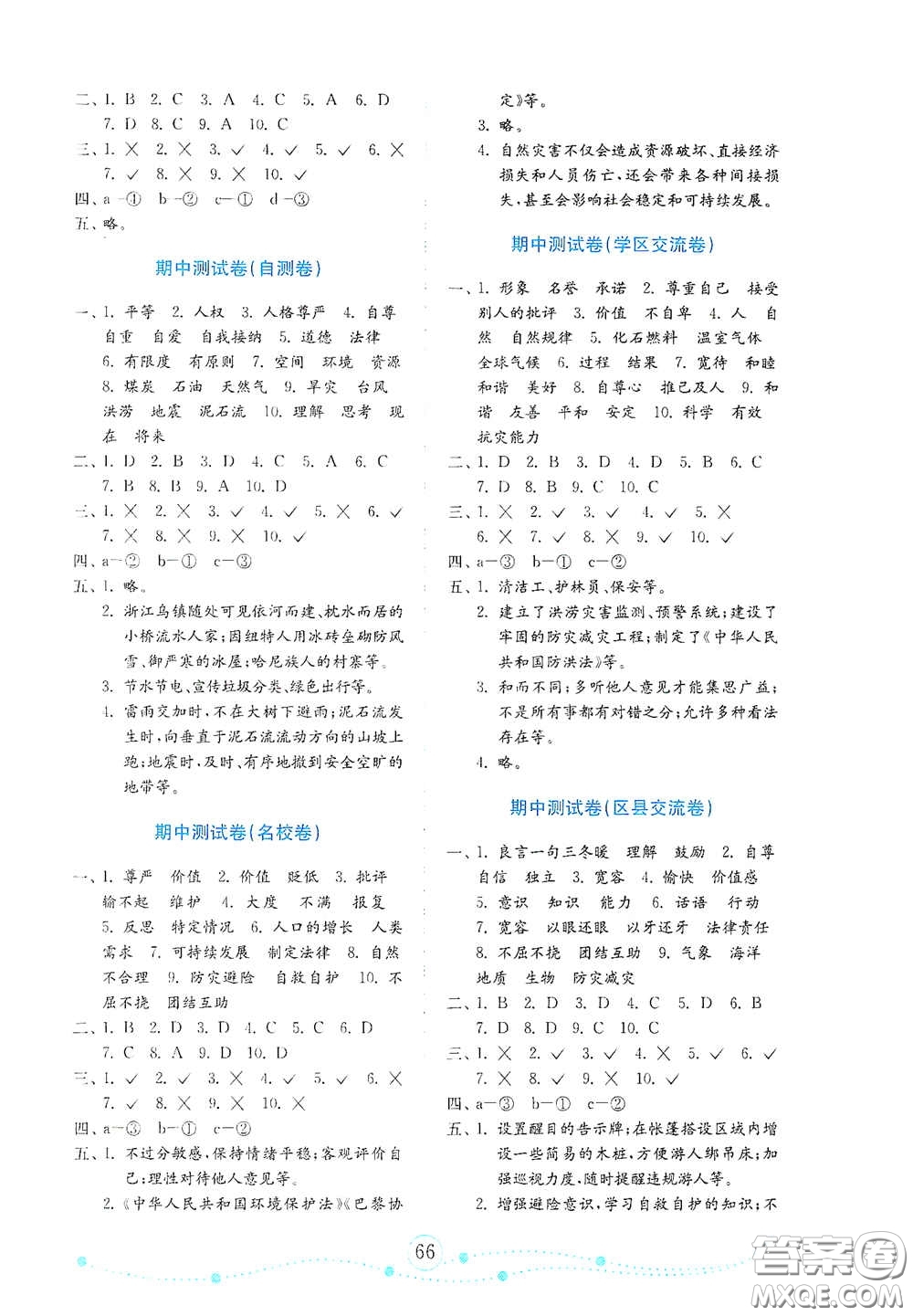 山東教育出版社2021金版小學(xué)道德與法治試卷金鑰匙六年級(jí)下冊(cè)山東專用答案