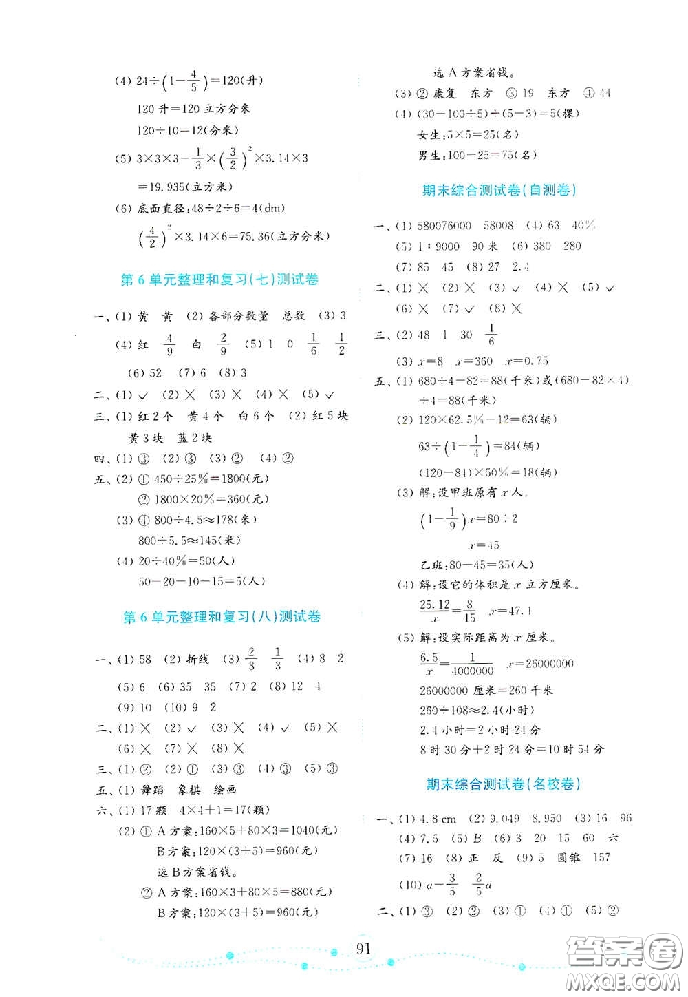 山東教育出版社2021金版小學(xué)數(shù)學(xué)試卷金鑰匙六年級(jí)下冊(cè)人教版山東專(zhuān)用答案