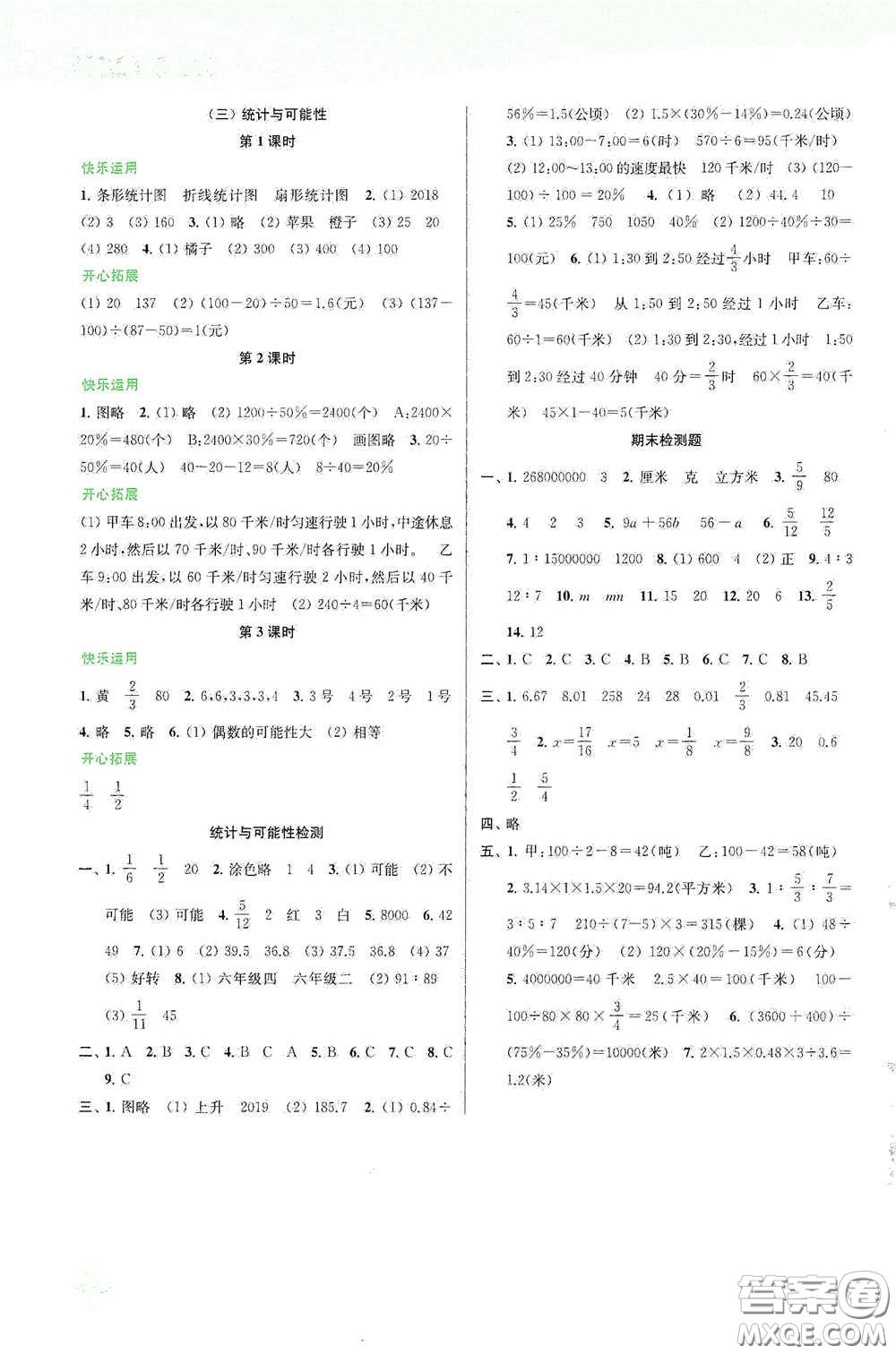 蘇州大學出版社2021金鑰匙1+1課時作業(yè)六年級數(shù)學下冊國標江蘇版答案