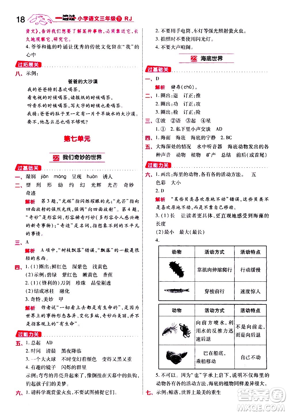 南京師范大學(xué)出版社2021春季一遍過(guò)小學(xué)語(yǔ)文三年級(jí)下冊(cè)RJ人教版答案