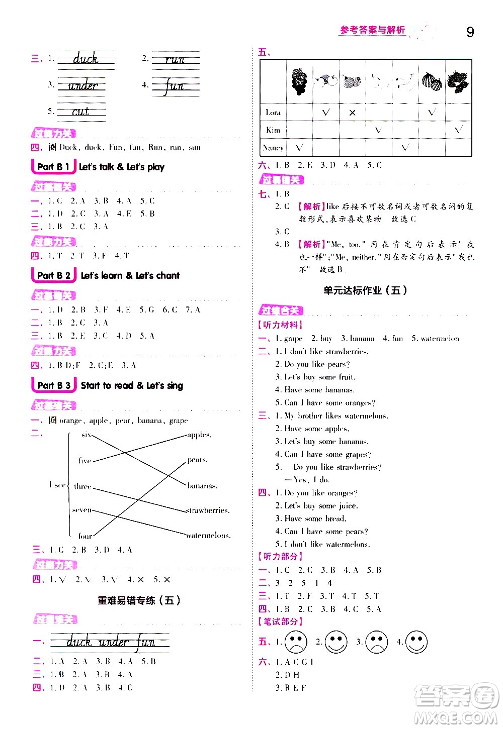 南京師范大學(xué)出版社2021春季一遍過小學(xué)英語三年級(jí)下冊RP人教版答案