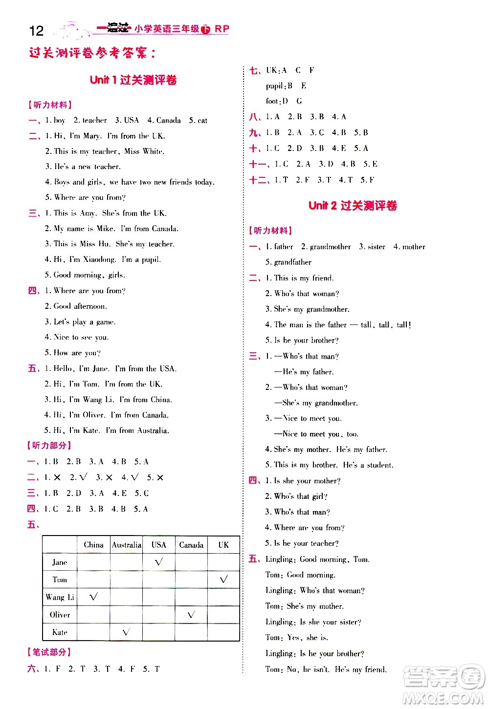 南京師范大學(xué)出版社2021春季一遍過小學(xué)英語三年級(jí)下冊RP人教版答案