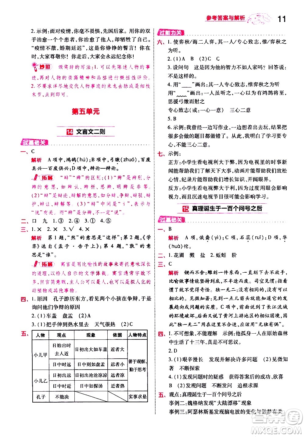 南京師范大學(xué)出版社2021春季一遍過小學(xué)語文六年級(jí)下冊(cè)RJ人教版答案