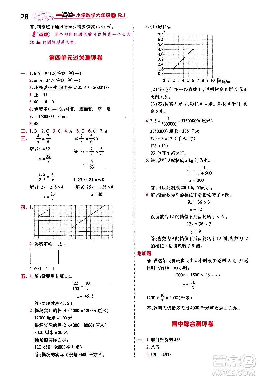 南京師范大學(xué)出版社2021春季一遍過小學(xué)數(shù)學(xué)六年級(jí)下冊RJ人教版答案